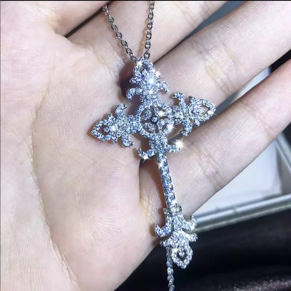 New Men Women 925 Silver Cross Diamond Necklace - Picture 1 of 5